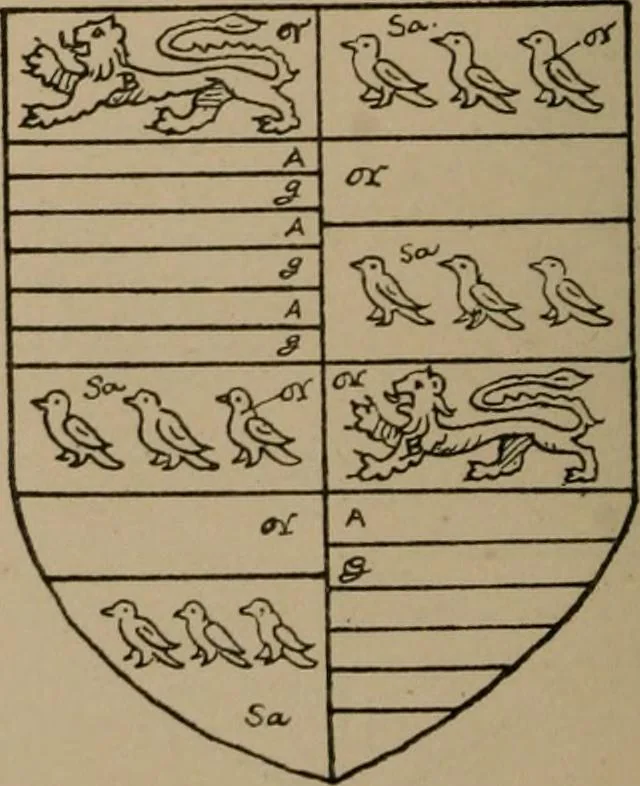 An illustration from The four visitations of Berkshire made and taken by Thomas Benolte, Clarnceuc, anno 1532; by William Harvey, Clarnceux, anno 1566; by Henry Chiting, Chester herald, and John Philipott, Rouge dragon, for William Camden, Clarenceux, anno 1623; and by Elias Ashmole, Windsor herald, for Sir Edward Bysshe, Clarenceux, anno 1665-66, 1907, leaf 28