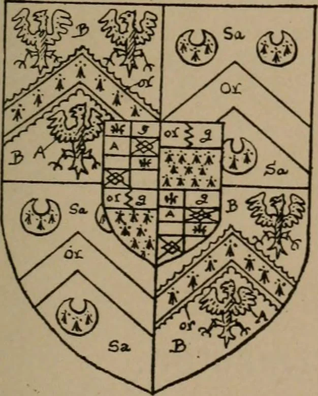 An illustration from The four visitations of Berkshire made and taken by Thomas Benolte, Clarnceuc, anno 1532; by William Harvey, Clarnceux, anno 1566; by Henry Chiting, Chester herald, and John Philipott, Rouge dragon, for William Camden, Clarenceux, anno 1623; and by Elias Ashmole, Windsor herald, for Sir Edward Bysshe, Clarenceux, anno 1665-66, 1907, leaf 29