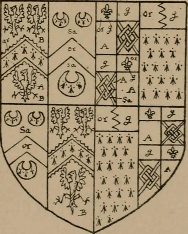 An illustration from The four visitations of Berkshire made and taken by Thomas Benolte, Clarnceuc, anno 1532; by William Harvey, Clarnceux, anno 1566; by Henry Chiting, Chester herald, and John Philipott, Rouge dragon, for William Camden, Clarenceux, anno 1623; and by Elias Ashmole, Windsor herald, for Sir Edward Bysshe, Clarenceux, anno 1665-66, 1907, leaf 29