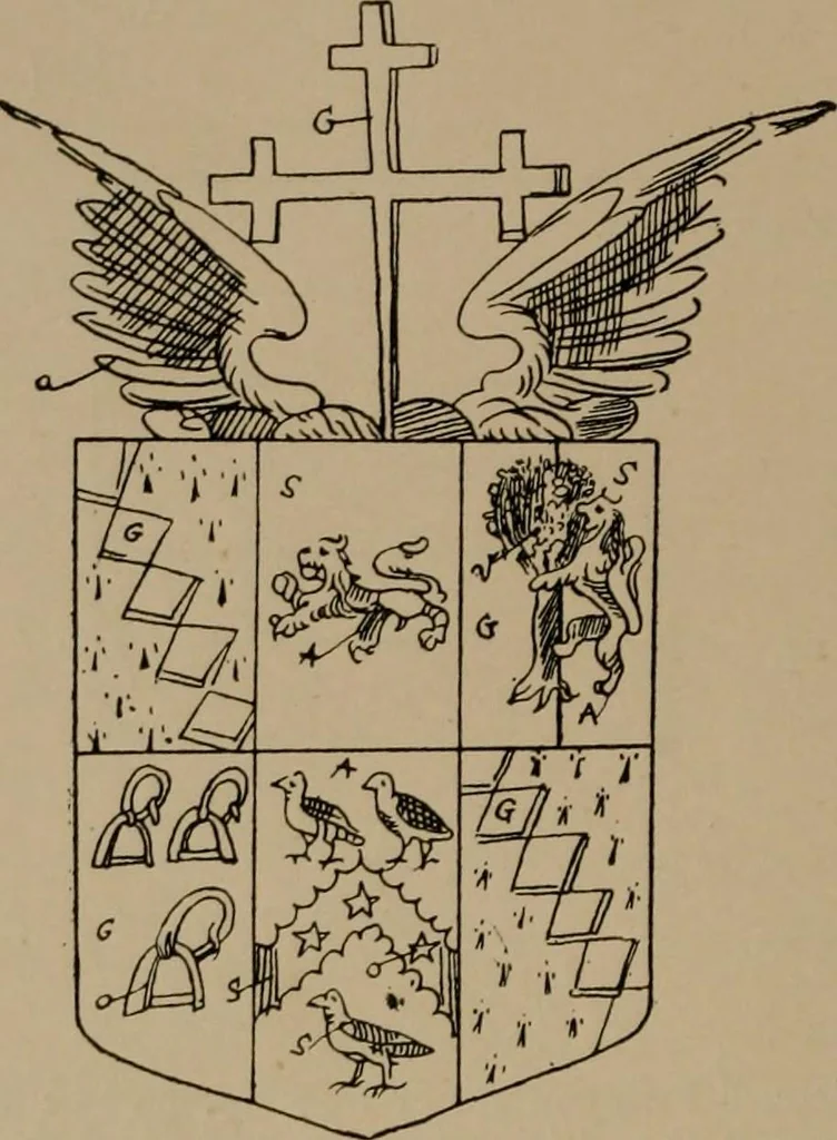 An illustration from The four visitations of Berkshire made and taken by Thomas Benolte, Clarnceuc, anno 1532; by William Harvey, Clarnceux, anno 1566; by Henry Chiting, Chester herald, and John Philipott, Rouge dragon, for William Camden, Clarenceux, anno 1623; and by Elias Ashmole, Windsor herald, for Sir Edward Bysshe, Clarenceux, anno 1665-66, 1907, leaf 292