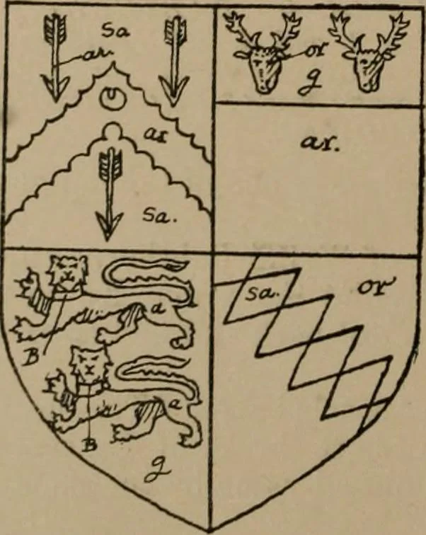An illustration from The four visitations of Berkshire made and taken by Thomas Benolte, Clarnceuc, anno 1532; by William Harvey, Clarnceux, anno 1566; by Henry Chiting, Chester herald, and John Philipott, Rouge dragon, for William Camden, Clarenceux, anno 1623; and by Elias Ashmole, Windsor herald, for Sir Edward Bysshe, Clarenceux, anno 1665-66, 1907, leaf 30