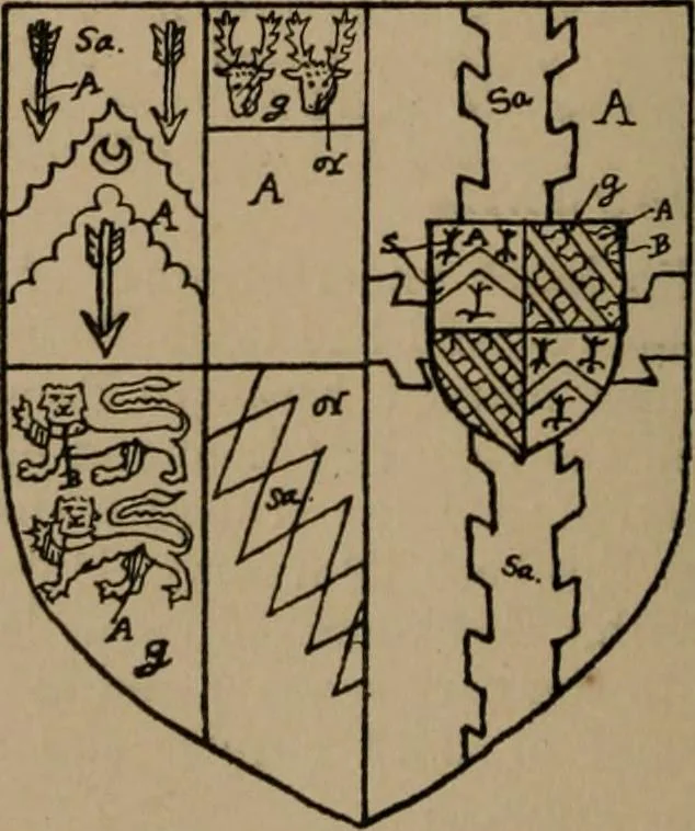An illustration from The four visitations of Berkshire made and taken by Thomas Benolte, Clarnceuc, anno 1532; by William Harvey, Clarnceux, anno 1566; by Henry Chiting, Chester herald, and John Philipott, Rouge dragon, for William Camden, Clarenceux, anno 1623; and by Elias Ashmole, Windsor herald, for Sir Edward Bysshe, Clarenceux, anno 1665-66, 1907, leaf 30