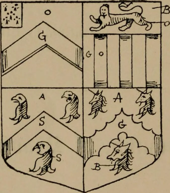 An illustration from The four visitations of Berkshire made and taken by Thomas Benolte, Clarnceuc, anno 1532; by William Harvey, Clarnceux, anno 1566; by Henry Chiting, Chester herald, and John Philipott, Rouge dragon, for William Camden, Clarenceux, anno 1623; and by Elias Ashmole, Windsor herald, for Sir Edward Bysshe, Clarenceux, anno 1665-66, 1907, leaf 310