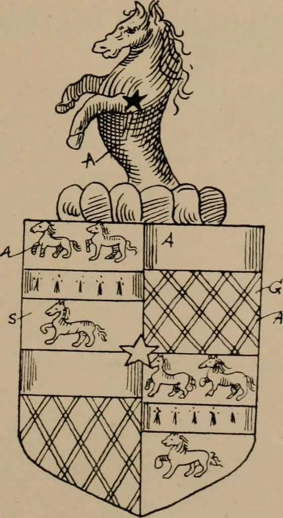An illustration from The four visitations of Berkshire made and taken by Thomas Benolte, Clarnceuc, anno 1532; by William Harvey, Clarnceux, anno 1566; by Henry Chiting, Chester herald, and John Philipott, Rouge dragon, for William Camden, Clarenceux, anno 1623; and by Elias Ashmole, Windsor herald, for Sir Edward Bysshe, Clarenceux, anno 1665-66, 1907, leaf 311