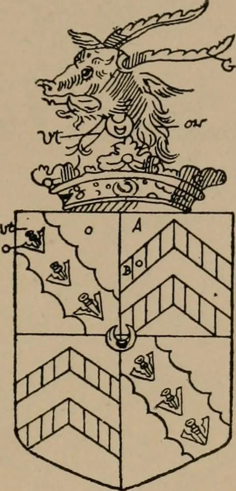 An illustration from The four visitations of Berkshire made and taken by Thomas Benolte, Clarnceuc, anno 1532; by William Harvey, Clarnceux, anno 1566; by Henry Chiting, Chester herald, and John Philipott, Rouge dragon, for William Camden, Clarenceux, anno 1623; and by Elias Ashmole, Windsor herald, for Sir Edward Bysshe, Clarenceux, anno 1665-66, 1907, leaf 315