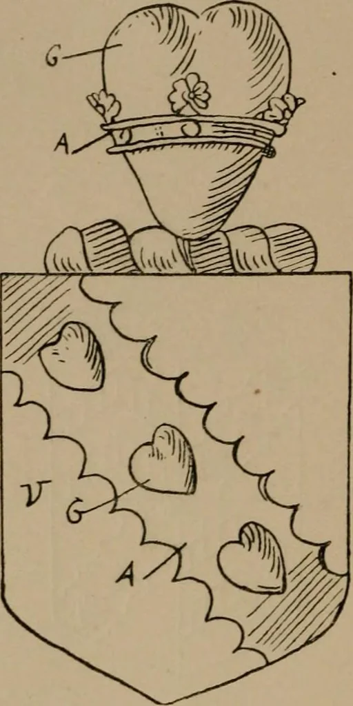 An illustration from The four visitations of Berkshire made and taken by Thomas Benolte, Clarnceuc, anno 1532; by William Harvey, Clarnceux, anno 1566; by Henry Chiting, Chester herald, and John Philipott, Rouge dragon, for William Camden, Clarenceux, anno 1623; and by Elias Ashmole, Windsor herald, for Sir Edward Bysshe, Clarenceux, anno 1665-66, 1907, leaf 316