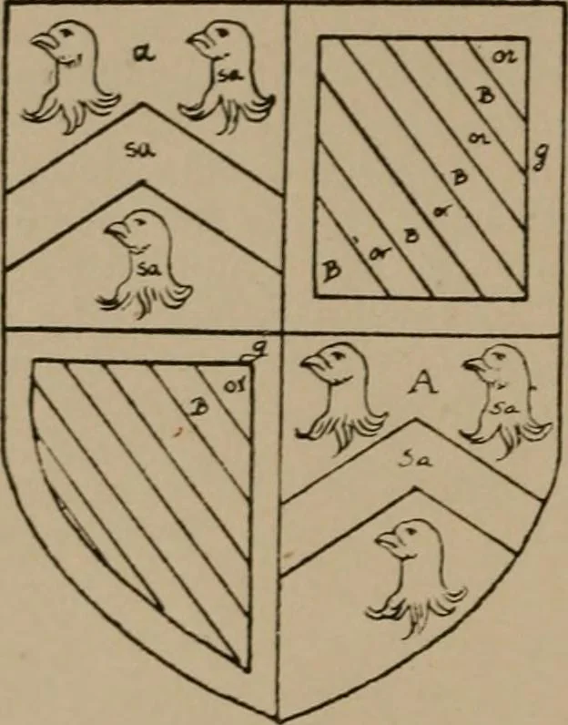 An illustration from The four visitations of Berkshire made and taken by Thomas Benolte, Clarnceuc, anno 1532; by William Harvey, Clarnceux, anno 1566; by Henry Chiting, Chester herald, and John Philipott, Rouge dragon, for William Camden, Clarenceux, anno 1623; and by Elias Ashmole, Windsor herald, for Sir Edward Bysshe, Clarenceux, anno 1665-66, 1907, leaf 32