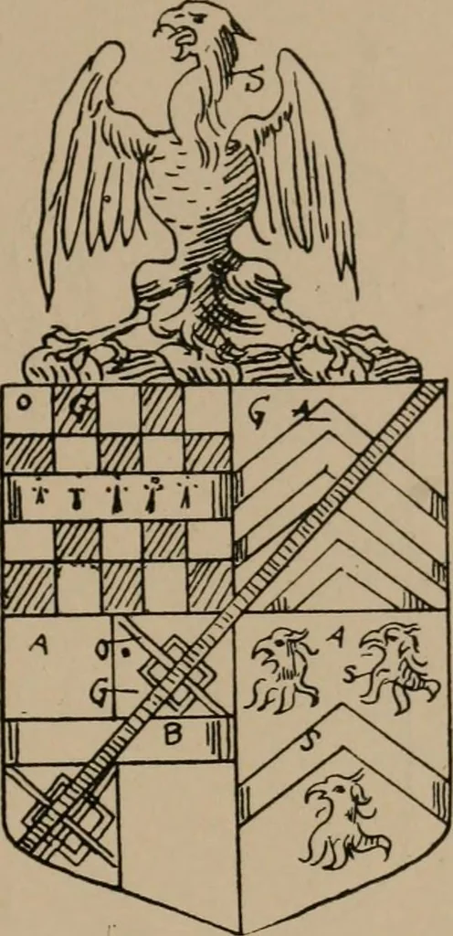 An illustration from The four visitations of Berkshire made and taken by Thomas Benolte, Clarnceuc, anno 1532; by William Harvey, Clarnceux, anno 1566; by Henry Chiting, Chester herald, and John Philipott, Rouge dragon, for William Camden, Clarenceux, anno 1623; and by Elias Ashmole, Windsor herald, for Sir Edward Bysshe, Clarenceux, anno 1665-66, 1907, leaf 321
