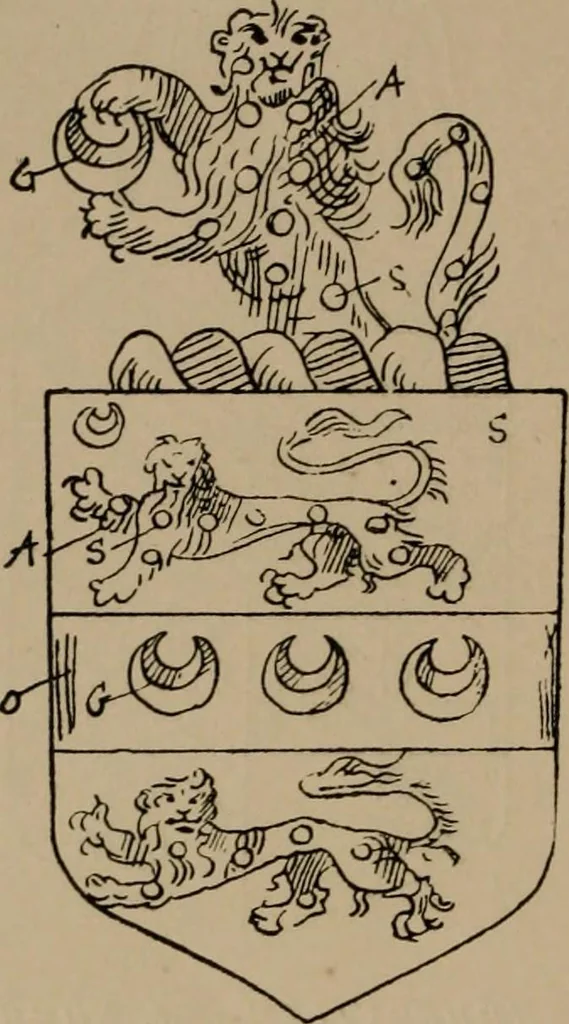 An illustration from The four visitations of Berkshire made and taken by Thomas Benolte, Clarnceuc, anno 1532; by William Harvey, Clarnceux, anno 1566; by Henry Chiting, Chester herald, and John Philipott, Rouge dragon, for William Camden, Clarenceux, anno 1623; and by Elias Ashmole, Windsor herald, for Sir Edward Bysshe, Clarenceux, anno 1665-66, 1907, leaf 322