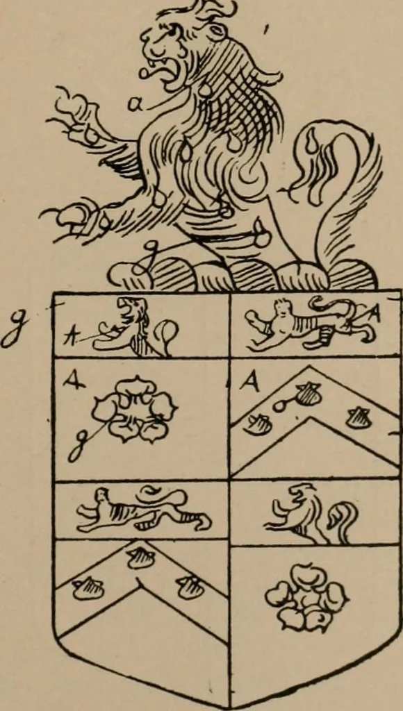 An illustration from The four visitations of Berkshire made and taken by Thomas Benolte, Clarnceuc, anno 1532; by William Harvey, Clarnceux, anno 1566; by Henry Chiting, Chester herald, and John Philipott, Rouge dragon, for William Camden, Clarenceux, anno 1623; and by Elias Ashmole, Windsor herald, for Sir Edward Bysshe, Clarenceux, anno 1665-66, 1907, leaf 325