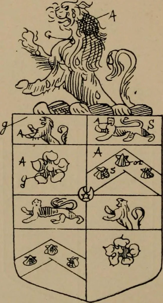 An illustration from The four visitations of Berkshire made and taken by Thomas Benolte, Clarnceuc, anno 1532; by William Harvey, Clarnceux, anno 1566; by Henry Chiting, Chester herald, and John Philipott, Rouge dragon, for William Camden, Clarenceux, anno 1623; and by Elias Ashmole, Windsor herald, for Sir Edward Bysshe, Clarenceux, anno 1665-66, 1907, leaf 326