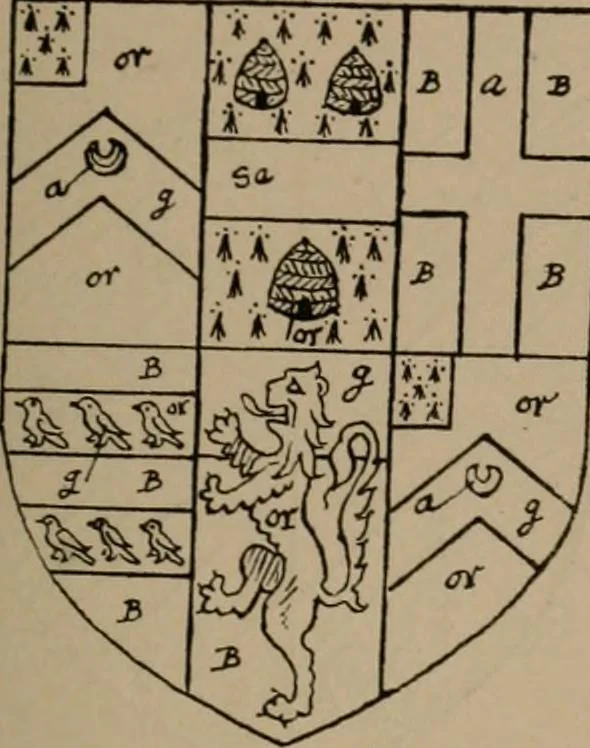 An illustration from The four visitations of Berkshire made and taken by Thomas Benolte, Clarnceuc, anno 1532; by William Harvey, Clarnceux, anno 1566; by Henry Chiting, Chester herald, and John Philipott, Rouge dragon, for William Camden, Clarenceux, anno 1623; and by Elias Ashmole, Windsor herald, for Sir Edward Bysshe, Clarenceux, anno 1665-66, 1907, leaf 33
