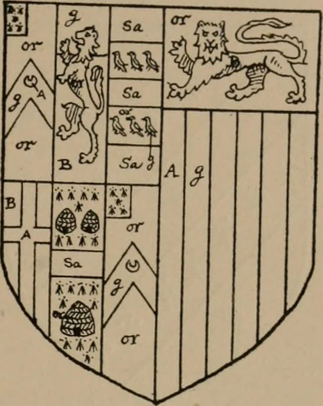 An illustration from The four visitations of Berkshire made and taken by Thomas Benolte, Clarnceuc, anno 1532; by William Harvey, Clarnceux, anno 1566; by Henry Chiting, Chester herald, and John Philipott, Rouge dragon, for William Camden, Clarenceux, anno 1623; and by Elias Ashmole, Windsor herald, for Sir Edward Bysshe, Clarenceux, anno 1665-66, 1907, leaf 33