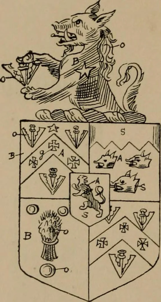 An illustration from The four visitations of Berkshire made and taken by Thomas Benolte, Clarnceuc, anno 1532; by William Harvey, Clarnceux, anno 1566; by Henry Chiting, Chester herald, and John Philipott, Rouge dragon, for William Camden, Clarenceux, anno 1623; and by Elias Ashmole, Windsor herald, for Sir Edward Bysshe, Clarenceux, anno 1665-66, 1907, leaf 330