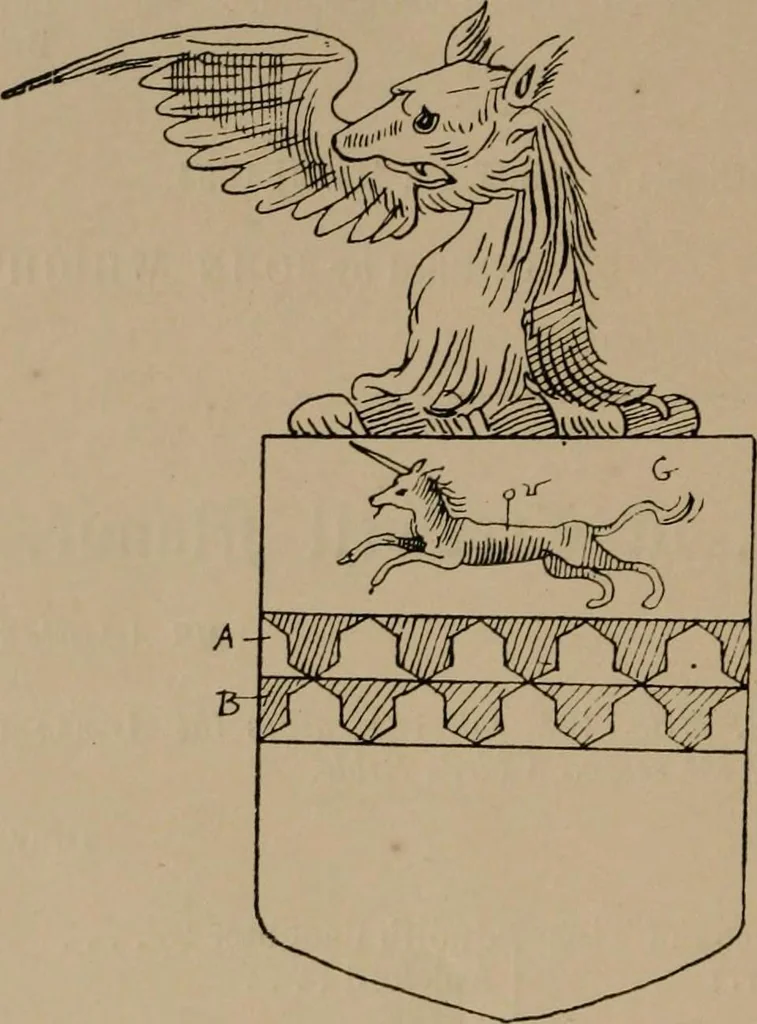 An illustration from The four visitations of Berkshire made and taken by Thomas Benolte, Clarnceuc, anno 1532; by William Harvey, Clarnceux, anno 1566; by Henry Chiting, Chester herald, and John Philipott, Rouge dragon, for William Camden, Clarenceux, anno 1623; and by Elias Ashmole, Windsor herald, for Sir Edward Bysshe, Clarenceux, anno 1665-66, 1907, leaf 332