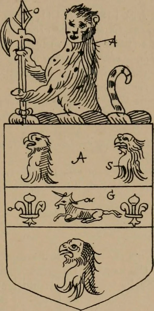 An illustration from The four visitations of Berkshire made and taken by Thomas Benolte, Clarnceuc, anno 1532; by William Harvey, Clarnceux, anno 1566; by Henry Chiting, Chester herald, and John Philipott, Rouge dragon, for William Camden, Clarenceux, anno 1623; and by Elias Ashmole, Windsor herald, for Sir Edward Bysshe, Clarenceux, anno 1665-66, 1907, leaf 333