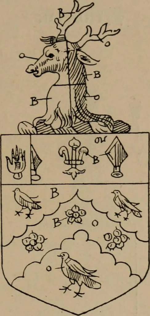 An illustration from The four visitations of Berkshire made and taken by Thomas Benolte, Clarnceuc, anno 1532; by William Harvey, Clarnceux, anno 1566; by Henry Chiting, Chester herald, and John Philipott, Rouge dragon, for William Camden, Clarenceux, anno 1623; and by Elias Ashmole, Windsor herald, for Sir Edward Bysshe, Clarenceux, anno 1665-66, 1907, leaf 335