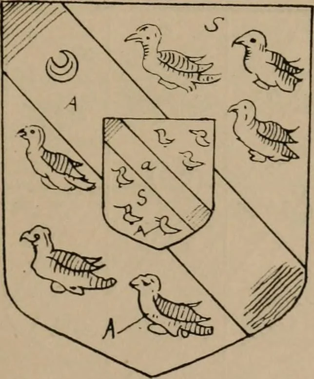An illustration from The four visitations of Berkshire made and taken by Thomas Benolte, Clarnceuc, anno 1532; by William Harvey, Clarnceux, anno 1566; by Henry Chiting, Chester herald, and John Philipott, Rouge dragon, for William Camden, Clarenceux, anno 1623; and by Elias Ashmole, Windsor herald, for Sir Edward Bysshe, Clarenceux, anno 1665-66, 1907, leaf 337