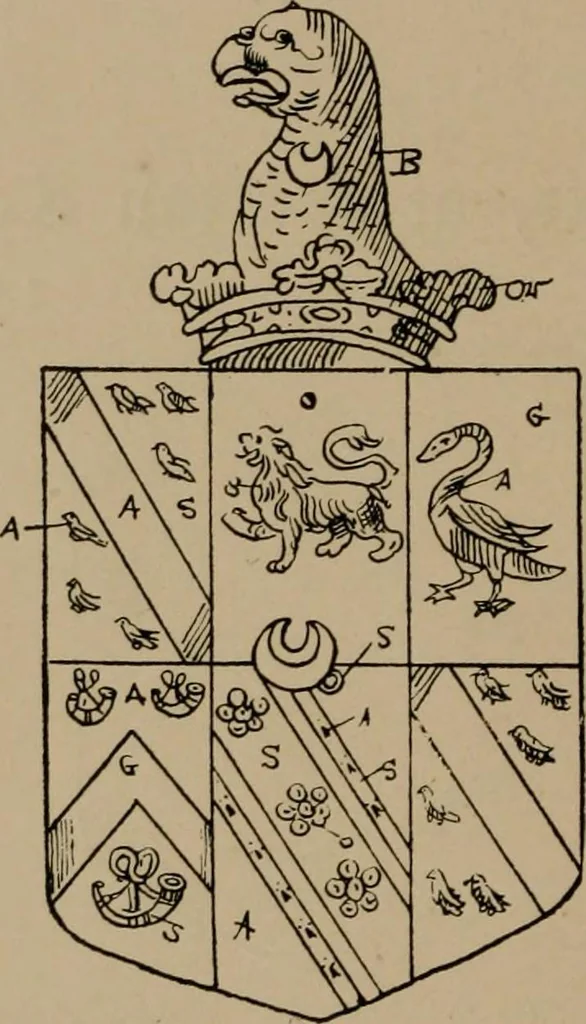 An illustration from The four visitations of Berkshire made and taken by Thomas Benolte, Clarnceuc, anno 1532; by William Harvey, Clarnceux, anno 1566; by Henry Chiting, Chester herald, and John Philipott, Rouge dragon, for William Camden, Clarenceux, anno 1623; and by Elias Ashmole, Windsor herald, for Sir Edward Bysshe, Clarenceux, anno 1665-66, 1907, leaf 338