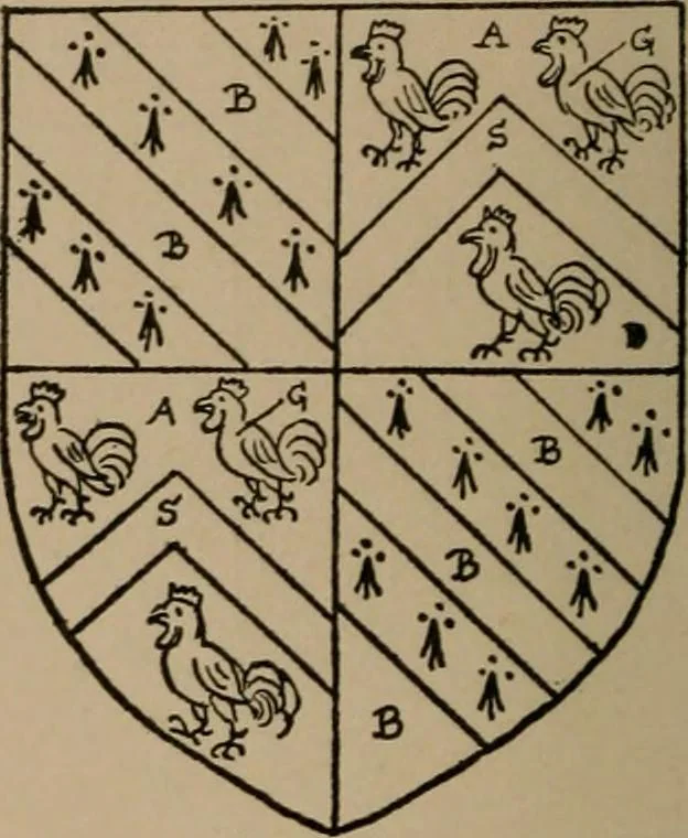 An illustration from The four visitations of Berkshire made and taken by Thomas Benolte, Clarnceuc, anno 1532; by William Harvey, Clarnceux, anno 1566; by Henry Chiting, Chester herald, and John Philipott, Rouge dragon, for William Camden, Clarenceux, anno 1623; and by Elias Ashmole, Windsor herald, for Sir Edward Bysshe, Clarenceux, anno 1665-66, 1907, leaf 34