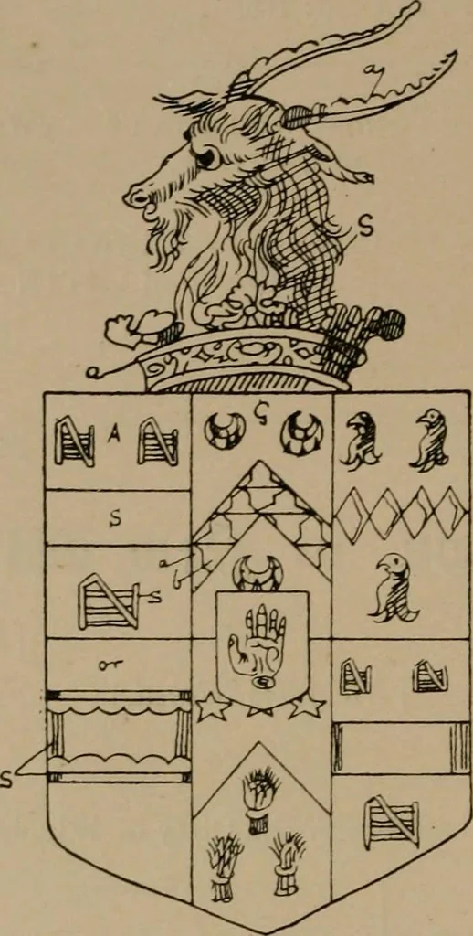 An illustration from The four visitations of Berkshire made and taken by Thomas Benolte, Clarnceuc, anno 1532; by William Harvey, Clarnceux, anno 1566; by Henry Chiting, Chester herald, and John Philipott, Rouge dragon, for William Camden, Clarenceux, anno 1623; and by Elias Ashmole, Windsor herald, for Sir Edward Bysshe, Clarenceux, anno 1665-66, 1907, leaf 340