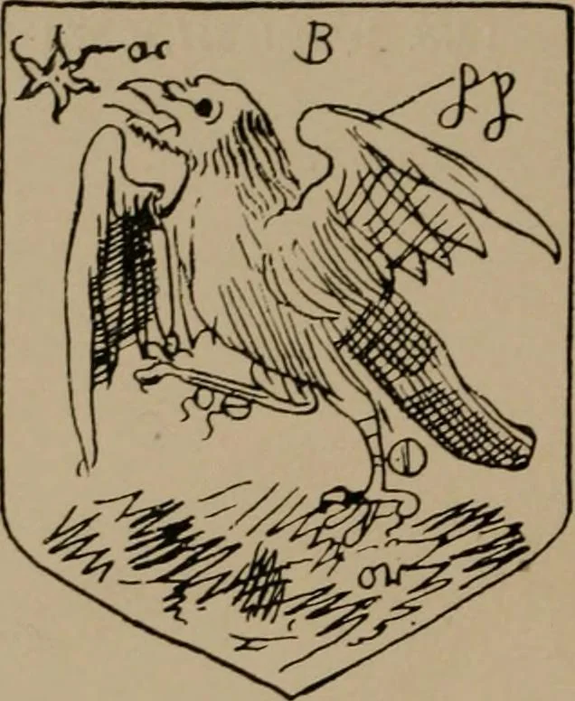 An illustration from The four visitations of Berkshire made and taken by Thomas Benolte, Clarnceuc, anno 1532; by William Harvey, Clarnceux, anno 1566; by Henry Chiting, Chester herald, and John Philipott, Rouge dragon, for William Camden, Clarenceux, anno 1623; and by Elias Ashmole, Windsor herald, for Sir Edward Bysshe, Clarenceux, anno 1665-66, 1907, leaf 342