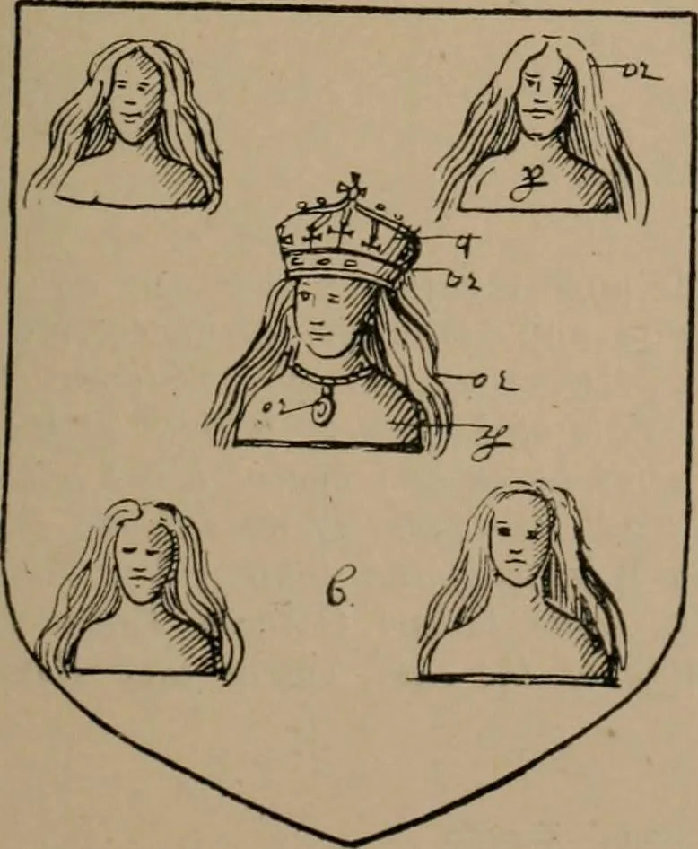 An illustration from The four visitations of Berkshire made and taken by Thomas Benolte, Clarnceuc, anno 1532; by William Harvey, Clarnceux, anno 1566; by Henry Chiting, Chester herald, and John Philipott, Rouge dragon, for William Camden, Clarenceux, anno 1623; and by Elias Ashmole, Windsor herald, for Sir Edward Bysshe, Clarenceux, anno 1665-66, 1907, leaf 35