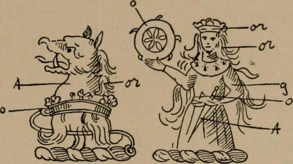 An illustration from The four visitations of Berkshire made and taken by Thomas Benolte, Clarnceuc, anno 1532; by William Harvey, Clarnceux, anno 1566; by Henry Chiting, Chester herald, and John Philipott, Rouge dragon, for William Camden, Clarenceux, anno 1623; and by Elias Ashmole, Windsor herald, for Sir Edward Bysshe, Clarenceux, anno 1665-66, 1907, leaf 39