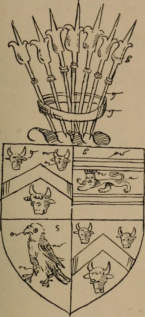 An illustration from The four visitations of Berkshire made and taken by Thomas Benolte, Clarnceuc, anno 1532; by William Harvey, Clarnceux, anno 1566; by Henry Chiting, Chester herald, and John Philipott, Rouge dragon, for William Camden, Clarenceux, anno 1623; and by Elias Ashmole, Windsor herald, for Sir Edward Bysshe, Clarenceux, anno 1665-66, 1907, leaf 41