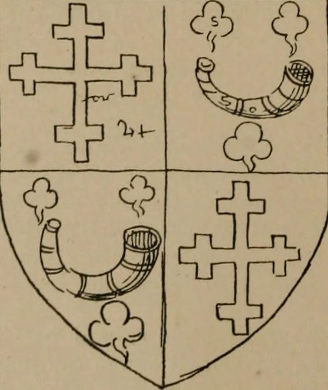 An illustration from The four visitations of Berkshire made and taken by Thomas Benolte, Clarnceuc, anno 1532; by William Harvey, Clarnceux, anno 1566; by Henry Chiting, Chester herald, and John Philipott, Rouge dragon, for William Camden, Clarenceux, anno 1623; and by Elias Ashmole, Windsor herald, for Sir Edward Bysshe, Clarenceux, anno 1665-66, 1907, leaf 42