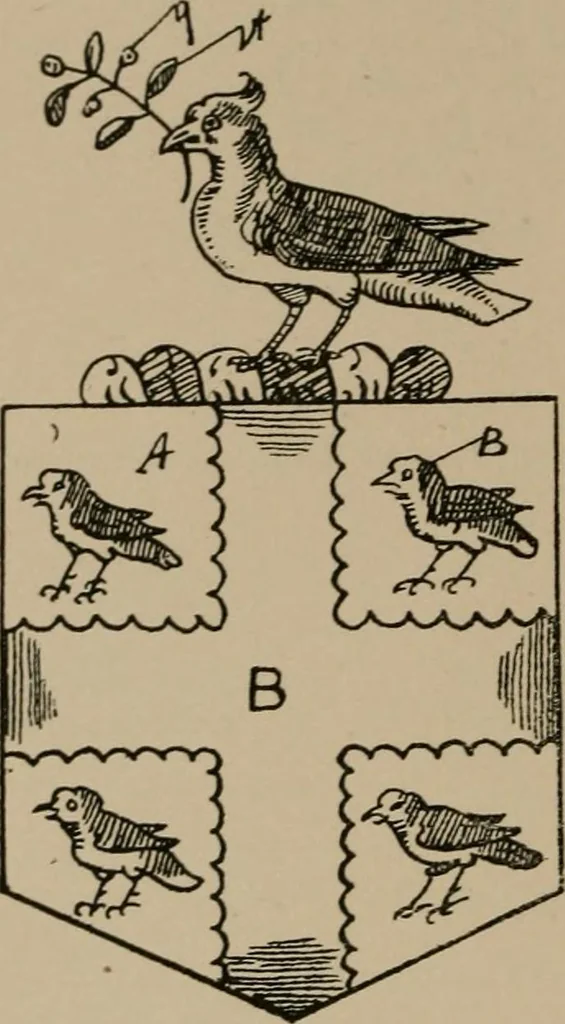 An illustration from The four visitations of Berkshire made and taken by Thomas Benolte, Clarnceuc, anno 1532; by William Harvey, Clarnceux, anno 1566; by Henry Chiting, Chester herald, and John Philipott, Rouge dragon, for William Camden, Clarenceux, anno 1623; and by Elias Ashmole, Windsor herald, for Sir Edward Bysshe, Clarenceux, anno 1665-66, 1907, leaf 438