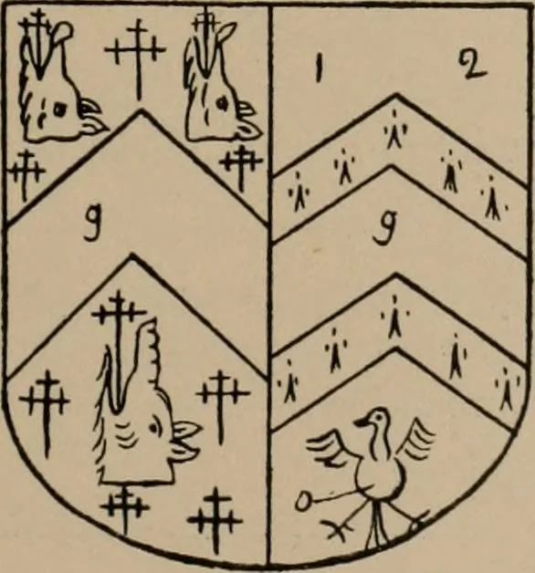 An illustration from The four visitations of Berkshire made and taken by Thomas Benolte, Clarnceuc, anno 1532; by William Harvey, Clarnceux, anno 1566; by Henry Chiting, Chester herald, and John Philipott, Rouge dragon, for William Camden, Clarenceux, anno 1623; and by Elias Ashmole, Windsor herald, for Sir Edward Bysshe, Clarenceux, anno 1665-66, 1907, leaf 439
