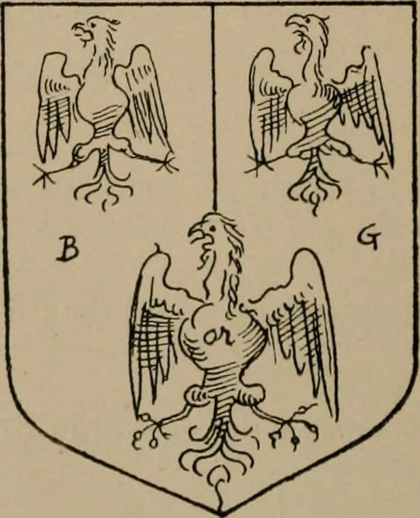 An illustration from The four visitations of Berkshire made and taken by Thomas Benolte, Clarnceuc, anno 1532; by William Harvey, Clarnceux, anno 1566; by Henry Chiting, Chester herald, and John Philipott, Rouge dragon, for William Camden, Clarenceux, anno 1623; and by Elias Ashmole, Windsor herald, for Sir Edward Bysshe, Clarenceux, anno 1665-66, 1907, leaf 444