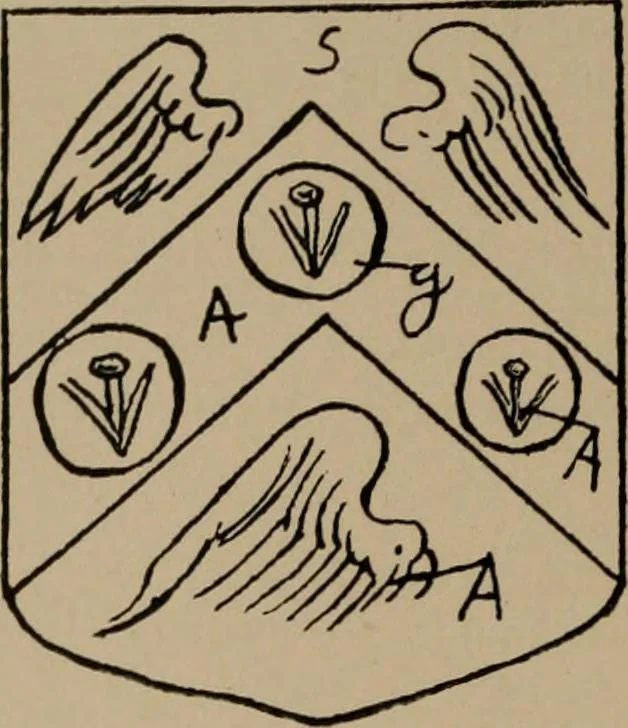 An illustration from The four visitations of Berkshire made and taken by Thomas Benolte, Clarnceuc, anno 1532; by William Harvey, Clarnceux, anno 1566; by Henry Chiting, Chester herald, and John Philipott, Rouge dragon, for William Camden, Clarenceux, anno 1623; and by Elias Ashmole, Windsor herald, for Sir Edward Bysshe, Clarenceux, anno 1665-66, 1907, leaf 446