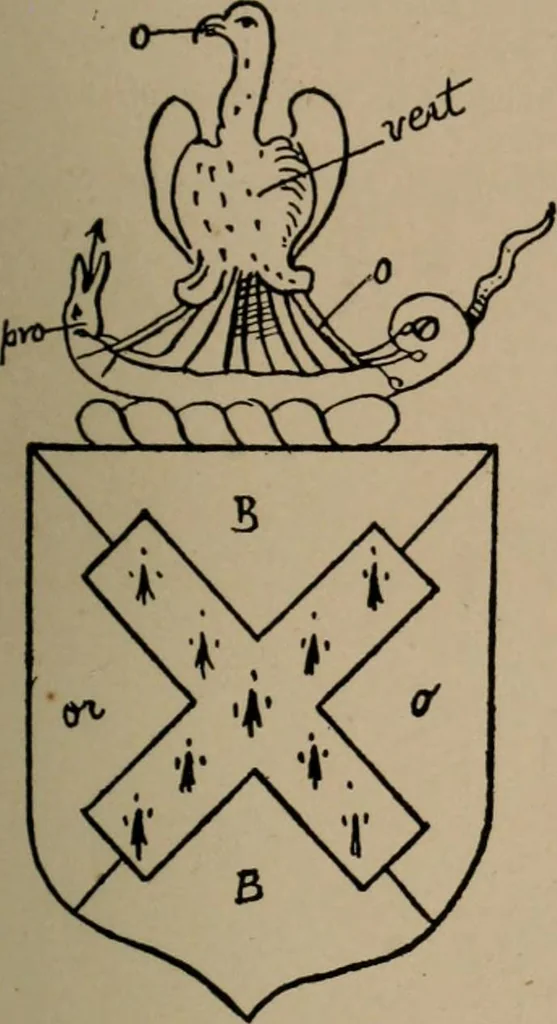 An illustration from The four visitations of Berkshire made and taken by Thomas Benolte, Clarnceuc, anno 1532; by William Harvey, Clarnceux, anno 1566; by Henry Chiting, Chester herald, and John Philipott, Rouge dragon, for William Camden, Clarenceux, anno 1623; and by Elias Ashmole, Windsor herald, for Sir Edward Bysshe, Clarenceux, anno 1665-66, 1907, leaf 447