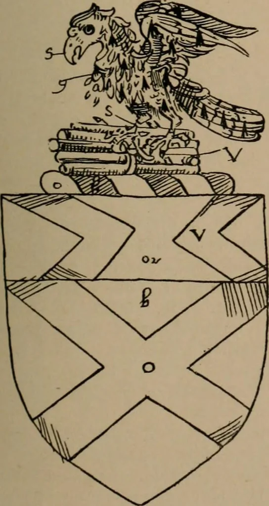 An illustration from The four visitations of Berkshire made and taken by Thomas Benolte, Clarnceuc, anno 1532; by William Harvey, Clarnceux, anno 1566; by Henry Chiting, Chester herald, and John Philipott, Rouge dragon, for William Camden, Clarenceux, anno 1623; and by Elias Ashmole, Windsor herald, for Sir Edward Bysshe, Clarenceux, anno 1665-66, 1907, leaf 45