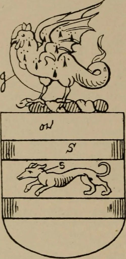 An illustration from The four visitations of Berkshire made and taken by Thomas Benolte, Clarnceuc, anno 1532; by William Harvey, Clarnceux, anno 1566; by Henry Chiting, Chester herald, and John Philipott, Rouge dragon, for William Camden, Clarenceux, anno 1623; and by Elias Ashmole, Windsor herald, for Sir Edward Bysshe, Clarenceux, anno 1665-66, 1907, leaf 450