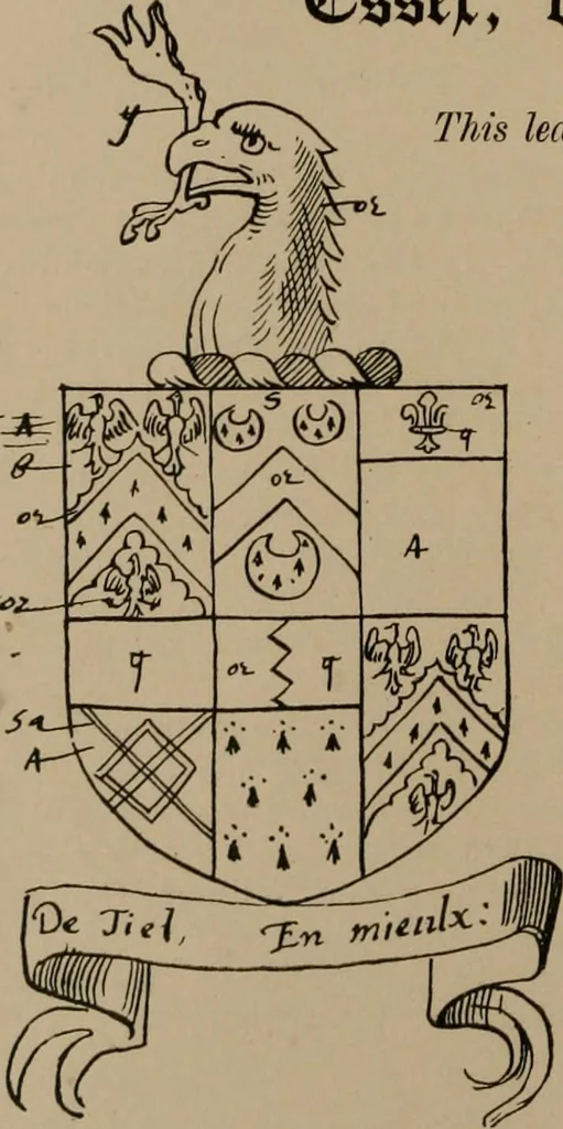 An illustration from The four visitations of Berkshire made and taken by Thomas Benolte, Clarnceuc, anno 1532; by William Harvey, Clarnceux, anno 1566; by Henry Chiting, Chester herald, and John Philipott, Rouge dragon, for William Camden, Clarenceux, anno 1623; and by Elias Ashmole, Windsor herald, for Sir Edward Bysshe, Clarenceux, anno 1665-66, 1907, leaf 46