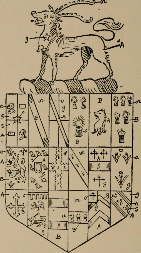 An illustration from The four visitations of Berkshire made and taken by Thomas Benolte, Clarnceuc, anno 1532; by William Harvey, Clarnceux, anno 1566; by Henry Chiting, Chester herald, and John Philipott, Rouge dragon, for William Camden, Clarenceux, anno 1623; and by Elias Ashmole, Windsor herald, for Sir Edward Bysshe, Clarenceux, anno 1665-66, 1907, leaf 466