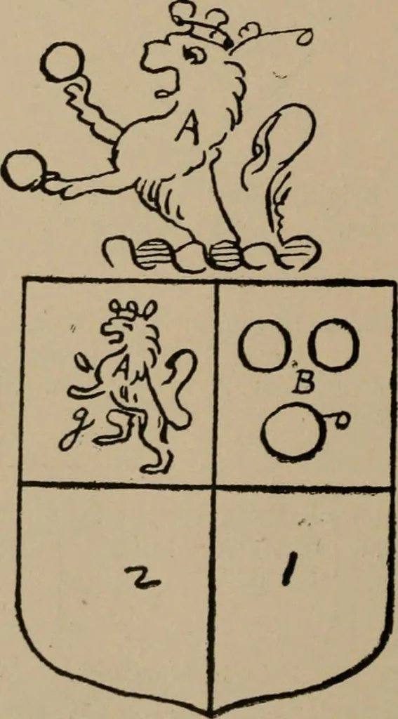 An illustration from The four visitations of Berkshire made and taken by Thomas Benolte, Clarnceuc, anno 1532; by William Harvey, Clarnceux, anno 1566; by Henry Chiting, Chester herald, and John Philipott, Rouge dragon, for William Camden, Clarenceux, anno 1623; and by Elias Ashmole, Windsor herald, for Sir Edward Bysshe, Clarenceux, anno 1665-66, 1907, leaf 474