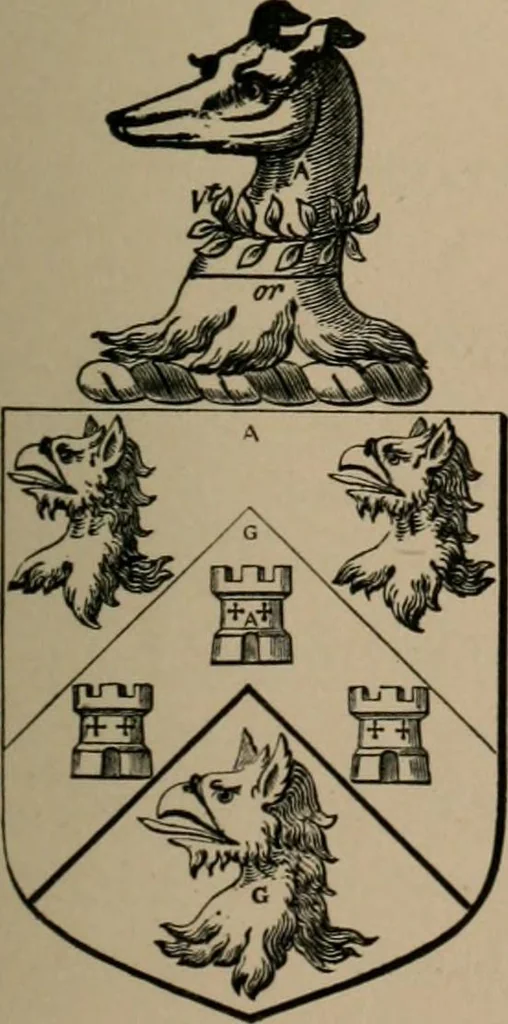 An illustration from The four visitations of Berkshire made and taken by Thomas Benolte, Clarnceuc, anno 1532; by William Harvey, Clarnceux, anno 1566; by Henry Chiting, Chester herald, and John Philipott, Rouge dragon, for William Camden, Clarenceux, anno 1623; and by Elias Ashmole, Windsor herald, for Sir Edward Bysshe, Clarenceux, anno 1665-66, 1907, leaf 475