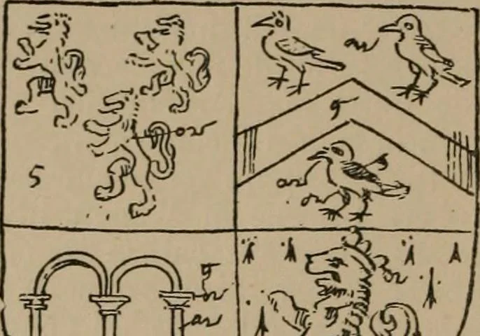 An illustration from The four visitations of Berkshire made and taken by Thomas Benolte, Clarnceuc, anno 1532; by William Harvey, Clarnceux, anno 1566; by Henry Chiting, Chester herald, and John Philipott, Rouge dragon, for William Camden, Clarenceux, anno 1623; and by Elias Ashmole, Windsor herald, for Sir Edward Bysshe, Clarenceux, anno 1665-66, 1907, leaf 48