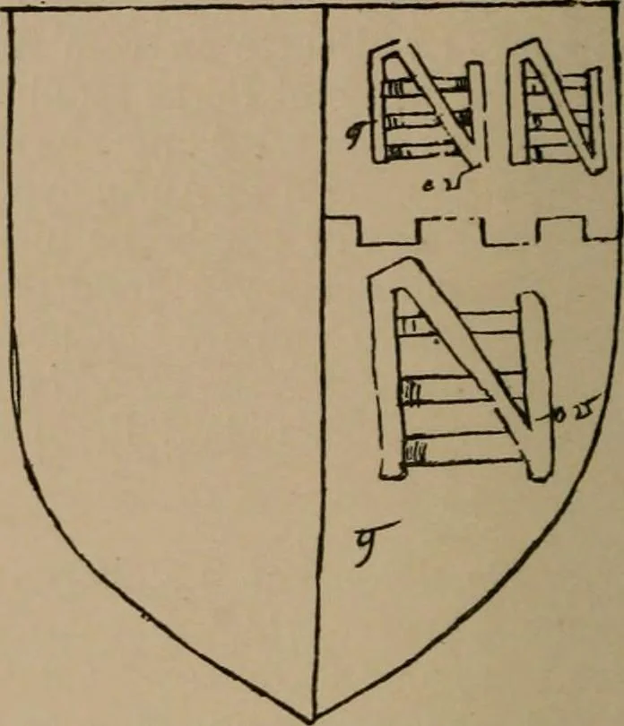 An illustration from The four visitations of Berkshire made and taken by Thomas Benolte, Clarnceuc, anno 1532; by William Harvey, Clarnceux, anno 1566; by Henry Chiting, Chester herald, and John Philipott, Rouge dragon, for William Camden, Clarenceux, anno 1623; and by Elias Ashmole, Windsor herald, for Sir Edward Bysshe, Clarenceux, anno 1665-66, 1907, leaf 48