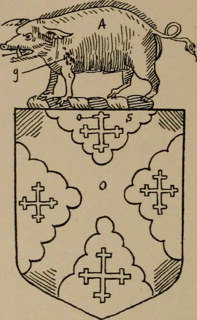 An illustration from The four visitations of Berkshire made and taken by Thomas Benolte, Clarnceuc, anno 1532; by William Harvey, Clarnceux, anno 1566; by Henry Chiting, Chester herald, and John Philipott, Rouge dragon, for William Camden, Clarenceux, anno 1623; and by Elias Ashmole, Windsor herald, for Sir Edward Bysshe, Clarenceux, anno 1665-66, 1907, leaf 480