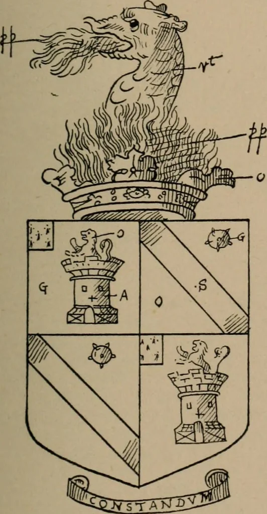 An illustration from The four visitations of Berkshire made and taken by Thomas Benolte, Clarnceuc, anno 1532; by William Harvey, Clarnceux, anno 1566; by Henry Chiting, Chester herald, and John Philipott, Rouge dragon, for William Camden, Clarenceux, anno 1623; and by Elias Ashmole, Windsor herald, for Sir Edward Bysshe, Clarenceux, anno 1665-66, 1907, leaf 481