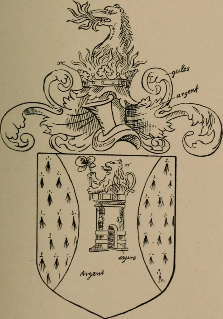 An illustration from The four visitations of Berkshire made and taken by Thomas Benolte, Clarnceuc, anno 1532; by William Harvey, Clarnceux, anno 1566; by Henry Chiting, Chester herald, and John Philipott, Rouge dragon, for William Camden, Clarenceux, anno 1623; and by Elias Ashmole, Windsor herald, for Sir Edward Bysshe, Clarenceux, anno 1665-66, 1907, leaf 485