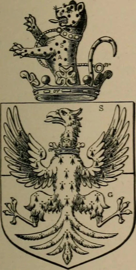 An illustration from The four visitations of Berkshire made and taken by Thomas Benolte, Clarnceuc, anno 1532; by William Harvey, Clarnceux, anno 1566; by Henry Chiting, Chester herald, and John Philipott, Rouge dragon, for William Camden, Clarenceux, anno 1623; and by Elias Ashmole, Windsor herald, for Sir Edward Bysshe, Clarenceux, anno 1665-66, 1907, leaf 487