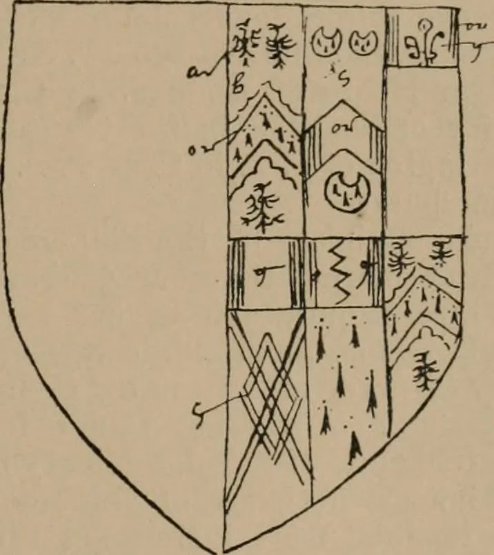 An illustration from The four visitations of Berkshire made and taken by Thomas Benolte, Clarnceuc, anno 1532; by William Harvey, Clarnceux, anno 1566; by Henry Chiting, Chester herald, and John Philipott, Rouge dragon, for William Camden, Clarenceux, anno 1623; and by Elias Ashmole, Windsor herald, for Sir Edward Bysshe, Clarenceux, anno 1665-66, 1907, leaf 49