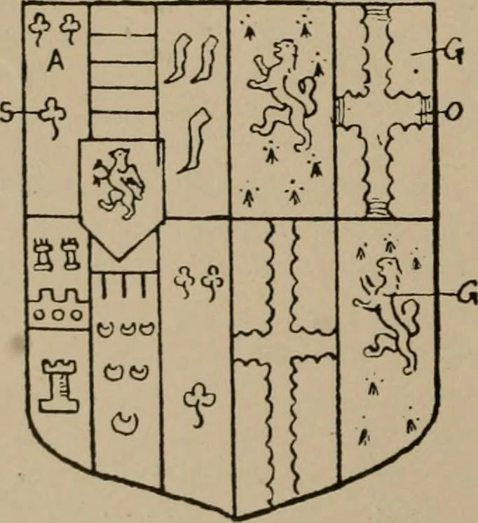 An illustration from The four visitations of Berkshire made and taken by Thomas Benolte, Clarnceuc, anno 1532; by William Harvey, Clarnceux, anno 1566; by Henry Chiting, Chester herald, and John Philipott, Rouge dragon, for William Camden, Clarenceux, anno 1623; and by Elias Ashmole, Windsor herald, for Sir Edward Bysshe, Clarenceux, anno 1665-66, 1907, leaf 490