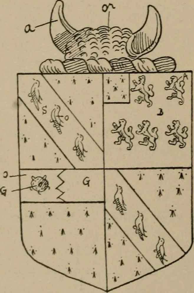 An illustration from The four visitations of Berkshire made and taken by Thomas Benolte, Clarnceuc, anno 1532; by William Harvey, Clarnceux, anno 1566; by Henry Chiting, Chester herald, and John Philipott, Rouge dragon, for William Camden, Clarenceux, anno 1623; and by Elias Ashmole, Windsor herald, for Sir Edward Bysshe, Clarenceux, anno 1665-66, 1907, leaf 492